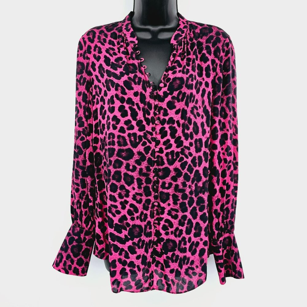 Joie Loop Button Front Blouse XS Pink Black Leopard Print Long Sleeve Flare Cuff